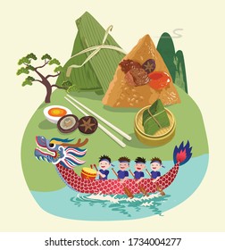 Vector of dragon boat racing and giant rice dumplings. Dragon Boat Festival illustration. 