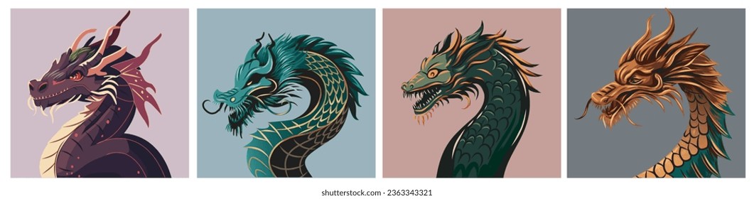 vector dragon collection. Set of Chinese New Year symbol - dragon. Purple dragon, green, gold and gray dragon graphic