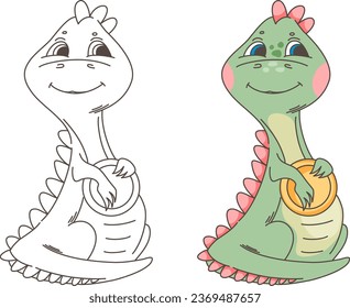 vector dragon dinosaur cute character symbol of the year with a coin