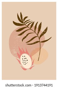 Ilustración de fruta del dragón vectorial. Cartel de arte botánico abstracto estético de Boho. Diseño de cubierta escandinava, colores naturales neutros. Imagen de la pared de collage bohemia. Diseño moderno de Mid Century