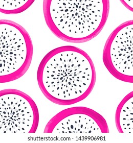 Vector dragon fruit seamless pattern. Pitaya or Pitahaya background. Exotic hand drawn illustration. Tropical vegetarian food design element isolated on white.
