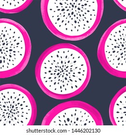 Vector dragon fruit seamless pattern. Pitaya or Pitahaya background. Exotic hand drawn illustration. Tropical vegetarian food design element.