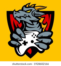 Vector dragon head with joystick logo on yellow background. Line art flat style design of user avatar