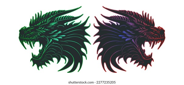 Vector dragon heads with open toothy mouth. White isolated background. Logo, sticker or icon.