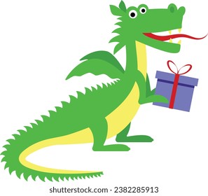 Vektorgrafik-Drache mit Geschenk in Cartoon, flach. Illustrationen für Kinder.