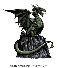 Vector dragon image. Dragon sitting on a rock, vector dragon illustration. Isolated on white background.