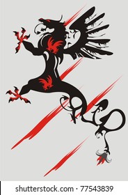 Vector dragon with wings and blood.Black dragon with an open mouth and the let out claws on a gray background. It is crossed by bloody strips
