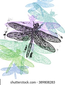 Vector dragonfly in abstract composition. Linocut dragonfly in flight in different colors on white background