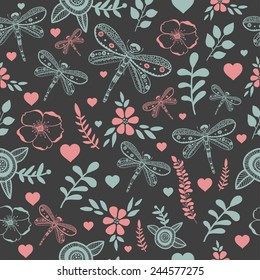 Vector dragonfly and flower nature seamless pattern. Hand drawing colorful illustration