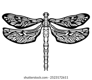 Libélula vetorial. Objeto isolado no plano de fundo branco. Silhueta ilustração plana. Arte em linha.
