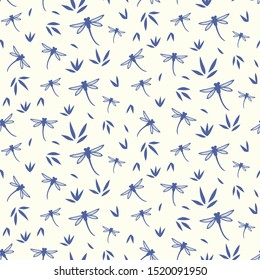 Vector Dragonfly seamless pattern. Traditional Japanese, Chinese ornament background for textile and surface design, package, wallpaper, web page backdrop, wrapping paper print.