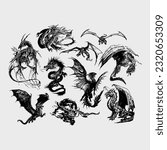 Vector Dragons, Isolated Creatures, Design Elements, Grunge, Ink, Sketch, Fantasy Animals, Poster set, tattoo, anti-design, black
