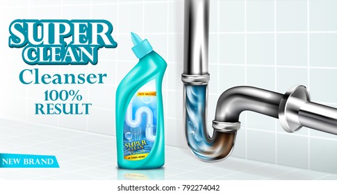 Vector drain pipe cleaner ad poster, detergent bottle near basin siphon, chrome luxury sink drain. Mockup package for brand design, 100 percent result cleanser. Illustration bathroom tiles background