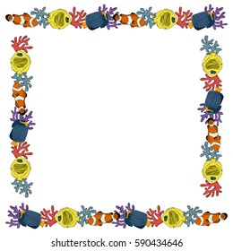 vector draw colorful set  fish red clown and blue angel fish and yellow butterfly fish with coral and reefs in square frame on white background