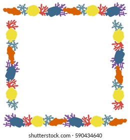 vector draw colorful set silhouette fish red clown and blue angel fish and yellow butterfly fish with coral and reefs in square frame on white background