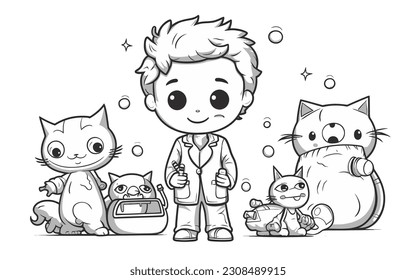 Vector Draw, Cute Cartoon Boy with some Cat Dolls