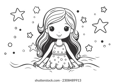 Vector Draw, Cute Cartoon girl with star around her , Lineart Illustration