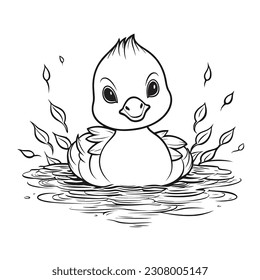 Vector Draw, Cute Duck with Leaves, Lineart