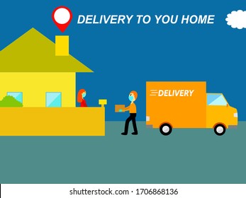 Vector draw flat design postman drive truck delivery to home, postman delivery parcel to the home service wearing mask protection from Coronavirus order online lockdown concept isolation