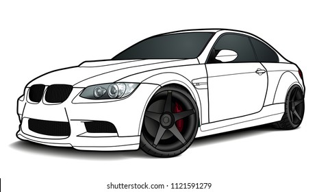 Vector draw of a flat sport car with black lines.