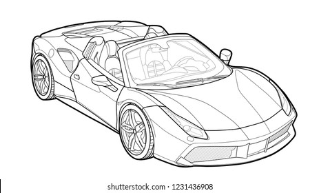 Vector draw of a flat sport car with black lines.