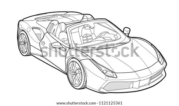 Vector draw of\
a flat sport car with black\
lines.
