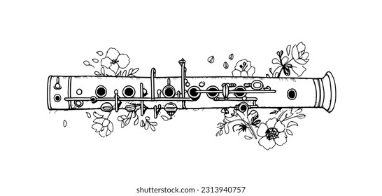 Vector Draw  Flute and flowe Ornament   Lineart Illustration