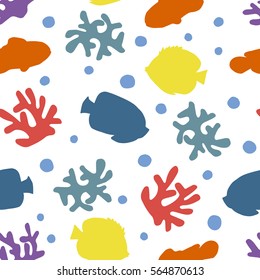 vector draw isolate colorful fish red clown and blue angel fish and yellow butterfly fish silhouette with bubbles and reefs and coral contour pattern illustration on white background