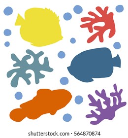 vector draw isolate colorful set silhouette fish red clown and blue angel fish and yellow butterfly fish with coral and reefs with bubbles on white background