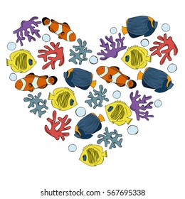 vector draw isolate colorful set fishes red clown and blue angel fish and yellow butterfly fish with coral and reef in heart on white background