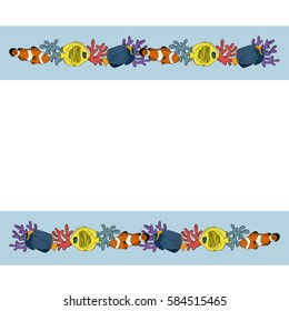 vector draw isolate colorful set  fish red clown and blue angel fish and yellow butterfly fish with coral and reefs in line on blue background