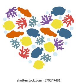 vector draw isolate silhouette, circuit colorful set fishes red clown and blue angel fish and yellow butterfly fish with coral and reef in heart on white background