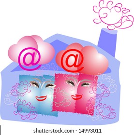 Vector. Draw a letter intended for the departure of e-mail. This letter reminds the house, blowing it home comfort, warmth and love. In a letter drawn hearts and lovely, happy, abstract people.