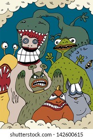 vector draw monsters personality precious animal holiday machine demon crowd friendship facial human cooperation heap fun mini humor animals inferno playing tiny dimension dancing series art detailed