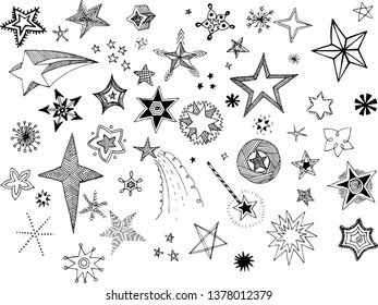 Vector draw pattern illustration with stars set+endless decorative texture with isolated elements black on white background monochrome ornament
