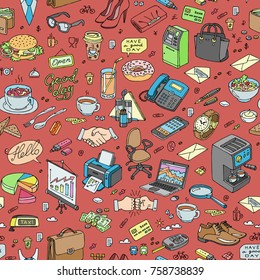 Vector draw seamless background of day set. Color handmade seamless pattern with day and business lunch objects. Drawing icons with lunch, office, money, fist bump, handshake and more symbols.