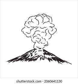 Vector draw sketch of the volcano. The eruption and smoke against the sky with clouds.