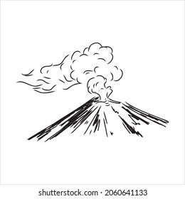 Vector draw sketch of the volcano. The eruption and smoke against the sky with clouds.