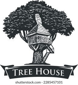 vector draw treehouse. a house on a tree Fairytale house. House with an owl, illustration