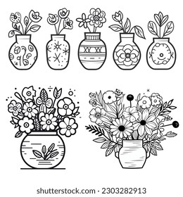  Vector Draw, Various Kinds of Flower Plants, simple flat icon, Lineart Black and White