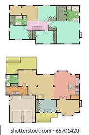 Vector drawing of 4 bedroom house. It shows the main and the second floor of 4 bedroom house