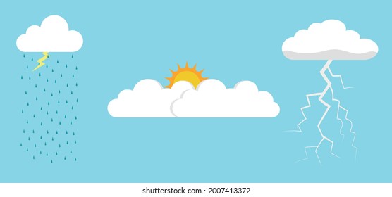 Vector drawing about weather - clouds with sun, rain, rays, storm