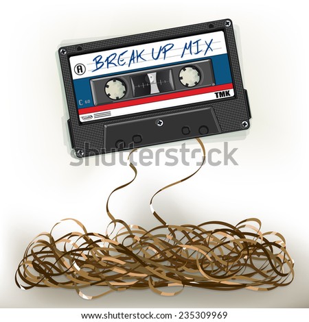 Vector drawing of a/Breakup Mix Tape/ Easy to edit layers and groups, Background layer contains meshes and transparencies. Easy to add your own text make your own mixtape. Very detailed cassette. 