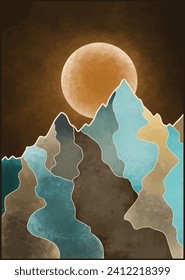 Vector drawing abstract mountains and moon on a dark background, abstract nature. Drawing for printing on posters, fabric, covers, banners. Abstract color painting. Vector file, design element.