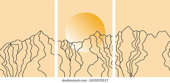 Vektorgrafik abstrakter Berge und Sonne. Vorlage für Banner, Poster, Cover, Druck. Minimalistisches Poster. Vektordatei, Design-Elemente.