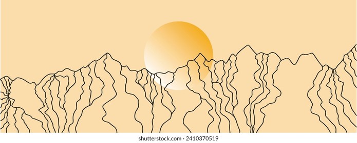 Vector drawing abstract mountains and sun. Template for banner, poster, cover, print. Minimalist poster. Vector file, design elements.