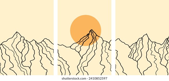 Vector drawing abstract mountains and sun. Poster, banner template. flyer. covers. Drawing in minimalist style, wall decor.Vector file, design elements.