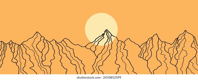 Vector dibujando montañas abstractas y sol. Cartel, plantilla de banner. volante. cubiertas. Dibujo de estilo minimalista, decoración de pared.Archivo vector, elementos de diseño.