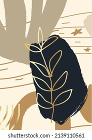 Vector drawing with abstract shapes in grey, beige, black colors, gold line branch,   modern background.