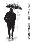Vector drawing of abstract silhouette townsman walking under umbrella in rain